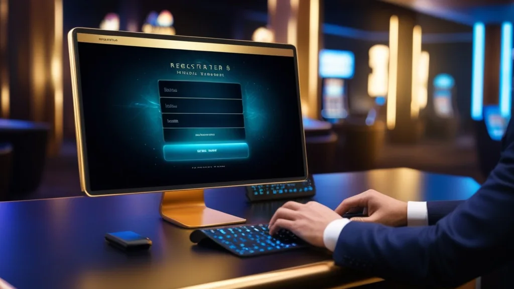 Dunkles Casino-Interface mit Registrierungsformular und Login-Feld auf dem Bildschirm