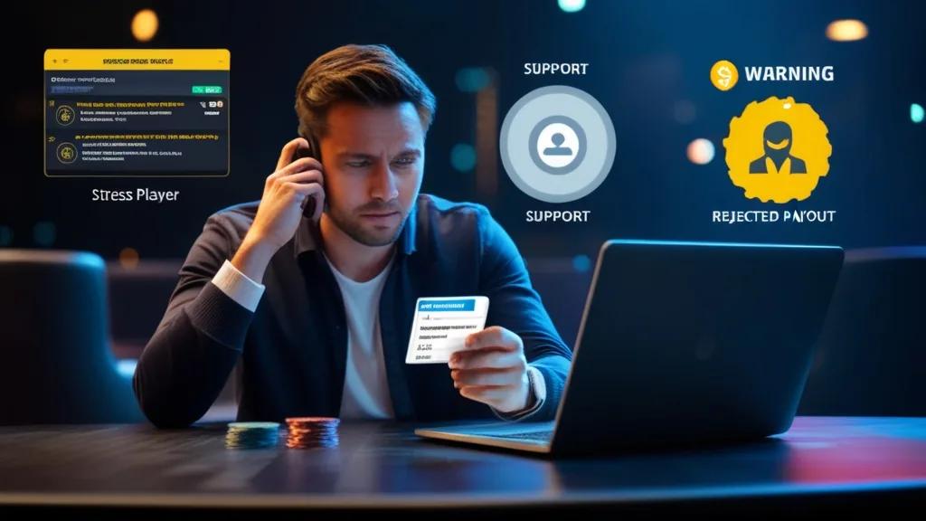 Spieler prüft Auszahlungsnachrichten und Supporthinweise am Laptop