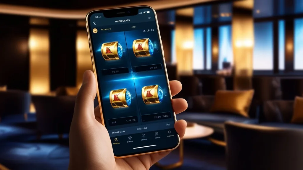 Hand bedient eine Casino-App auf dem Smartphone im dunklen Raum