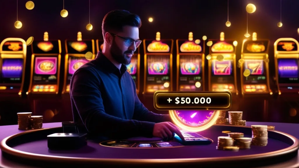 Spieler gibt einen Bonuscode vor leuchtenden Spielautomaten ein